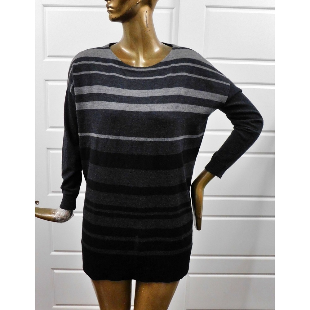 Eileen Fisher Merino Wool Sweater Dress Black Gray Striped sz M